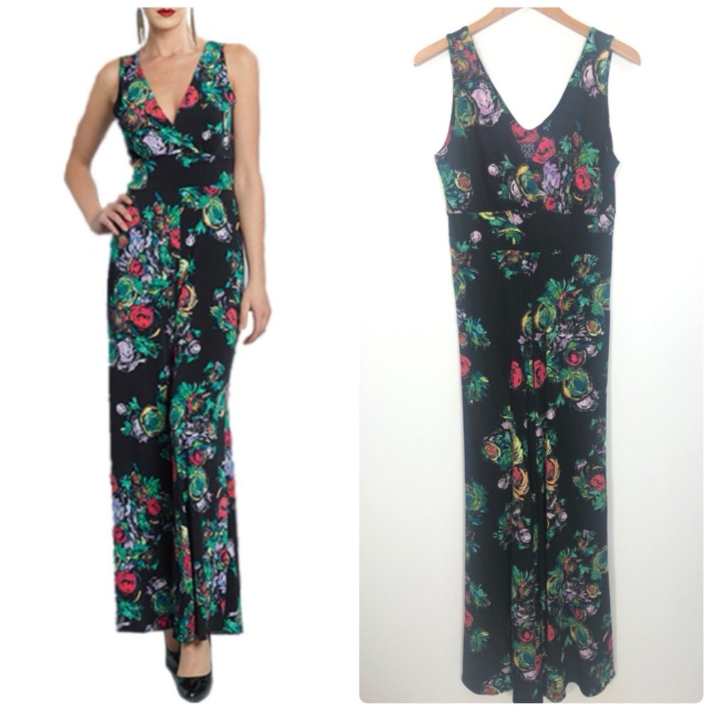 Clara Sunwoo Floral Wide Leg Jumpsuit Womens S Black V-Neck‎ Sleeveless Stretch